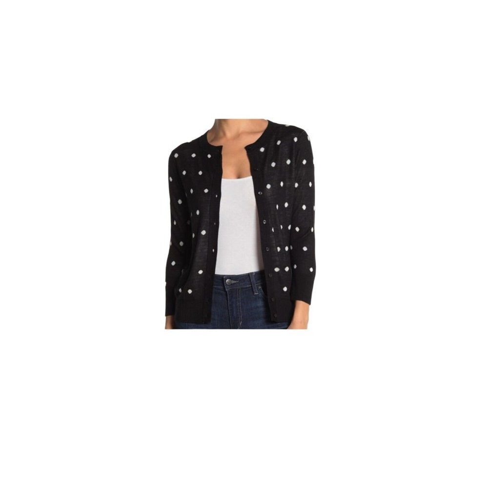 Halogen Womens Cardigan Sweater Black White Polka Dot Ribbed Long Sleeves S‎ New